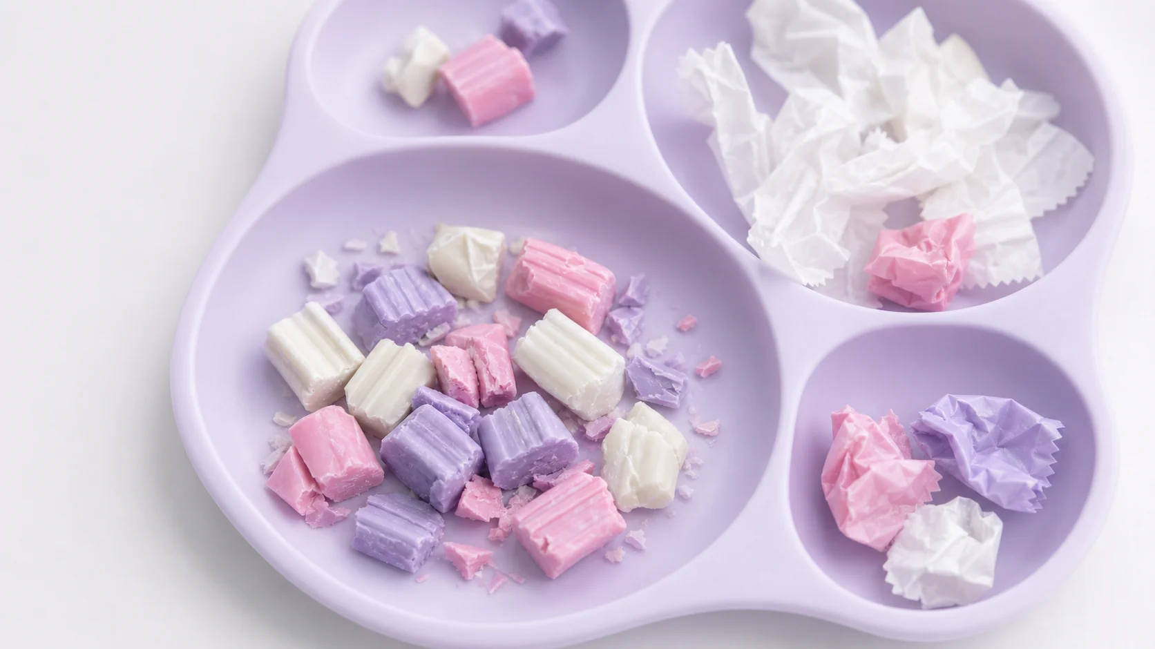 Pastel wax pieces and soft paper textures in a lavender compartment tray.