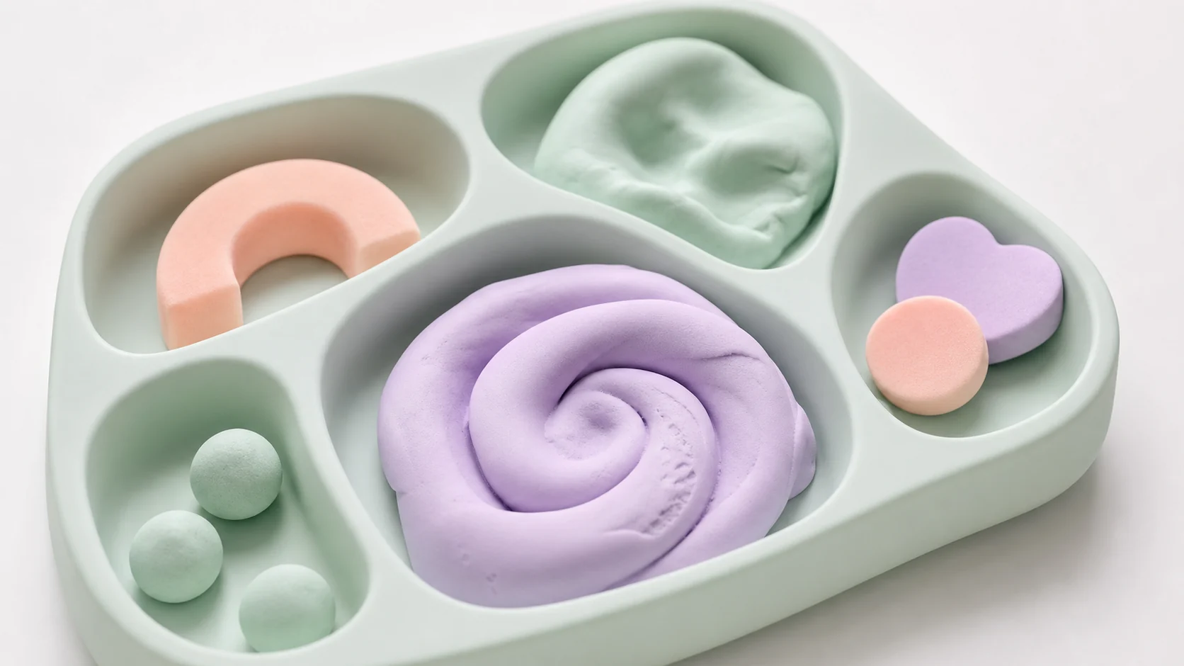 Mint, lavender, and peach soft shapes arranged in a pale mint tray.