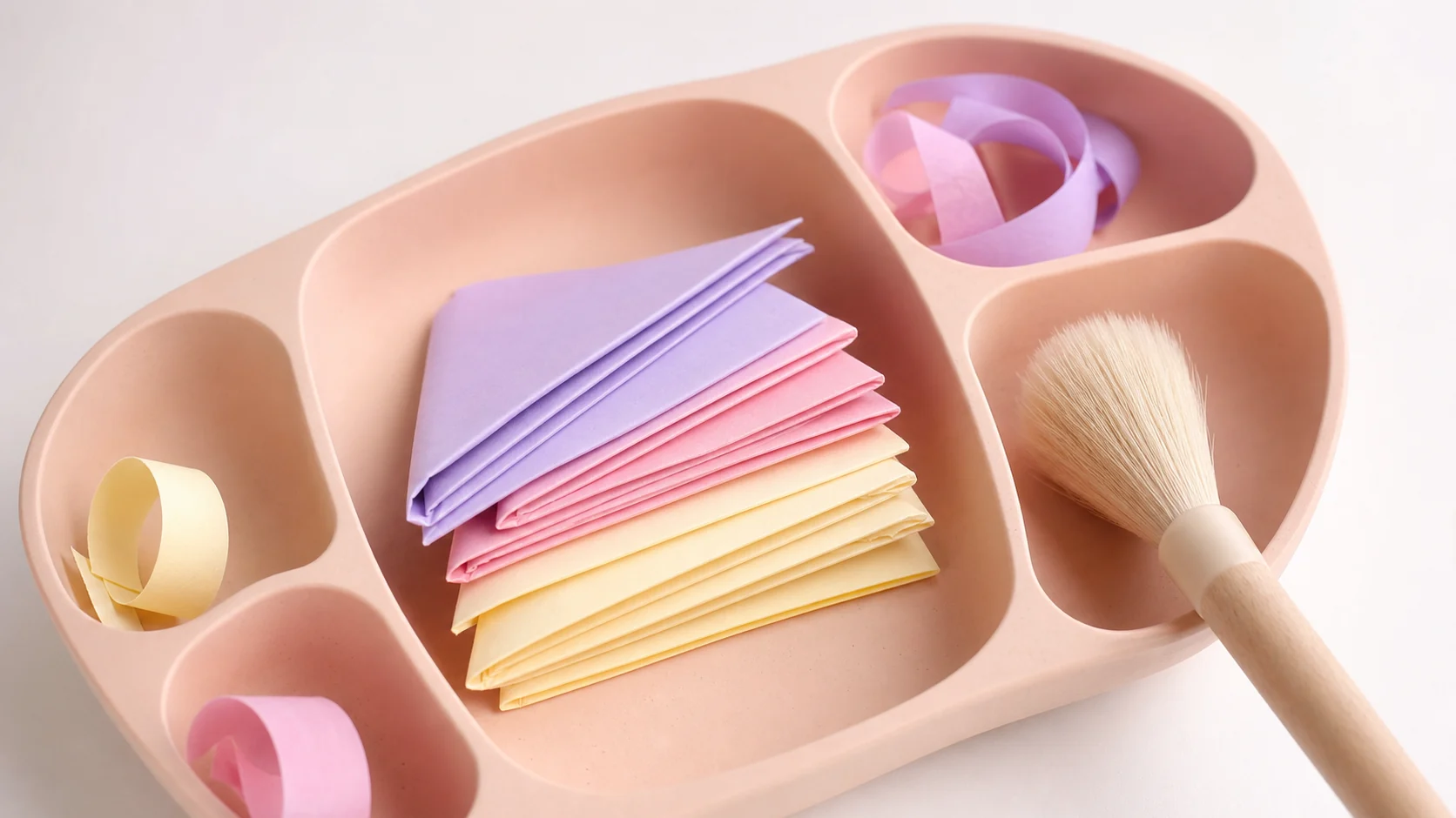 Folded pastel paper, curled strips, and a soft brush arranged in a peach tray.
