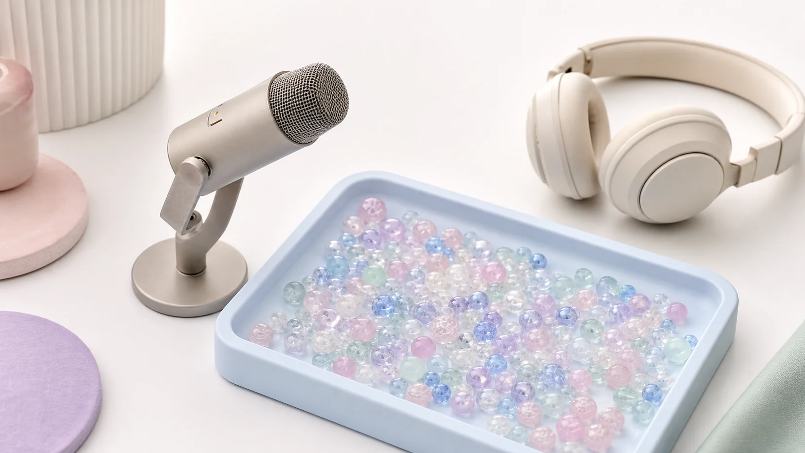 A compact microphone, cream headphones, and pastel beads prepared for a careful sound check.