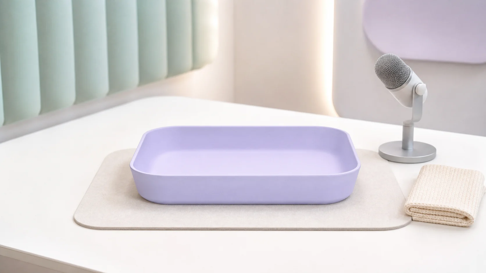 A clear studio table with a lavender tray, compact microphone, soft mat, and folded cloth.